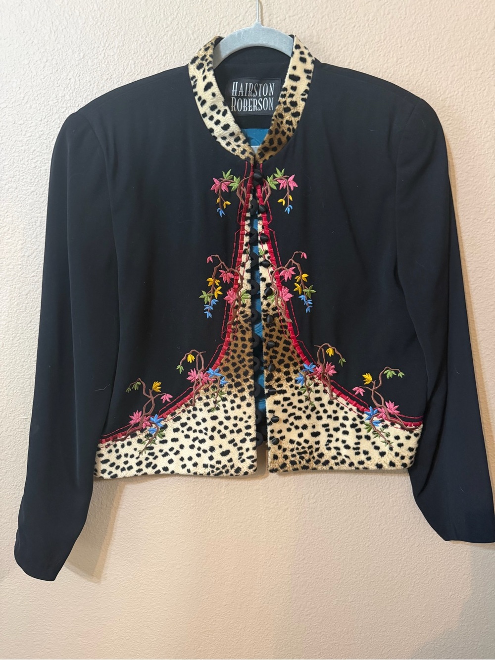 Hairston Roberson Black Embroidered Cropped Jacket with Leopard Trim